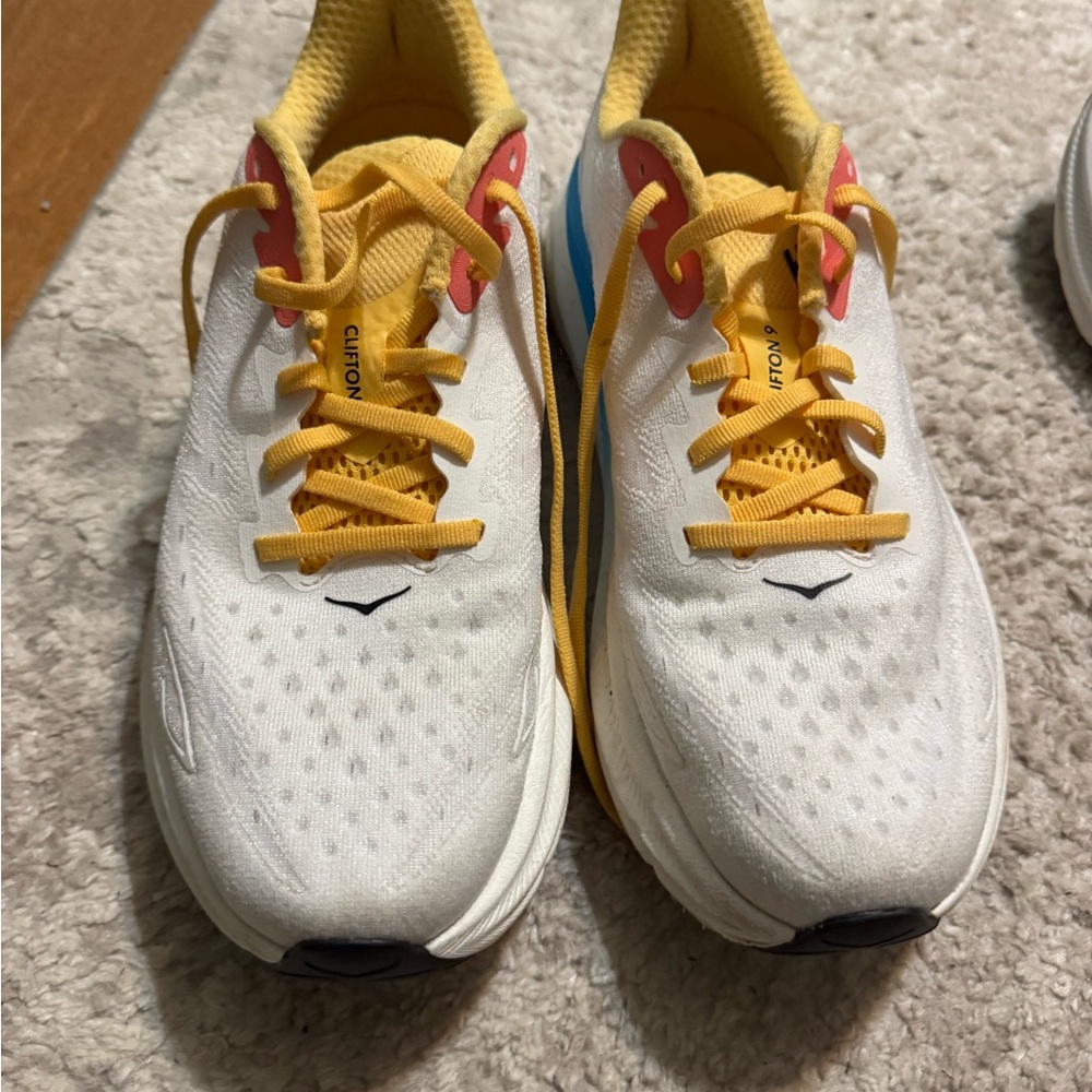 Hoka Clifton 9 White and Yellow Athletic Shoes